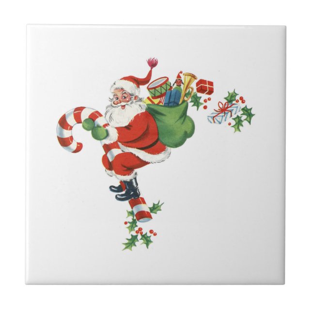 Jolly Retro Santa Riding Candy Cane Tile (Front)