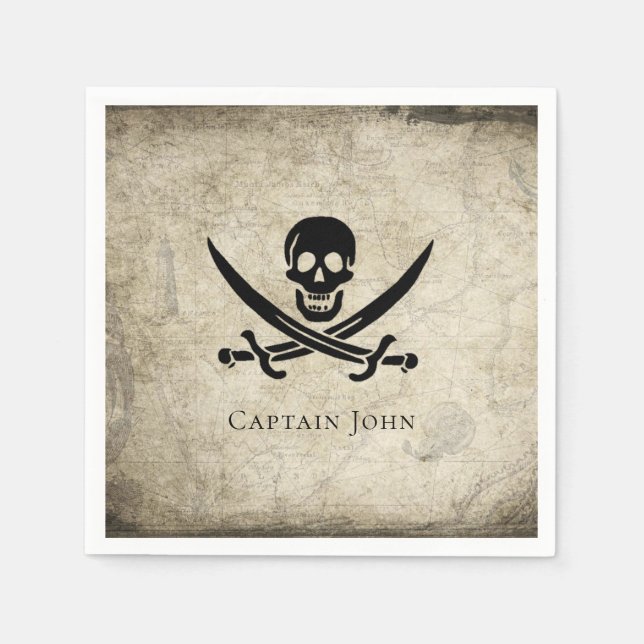 Jolly Roger and Name on Vintage Map Napkin (Front)