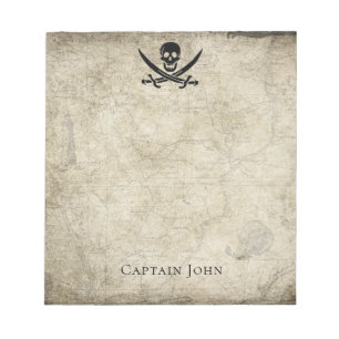 Jolly Roger and Name on Vintage Map Notepad