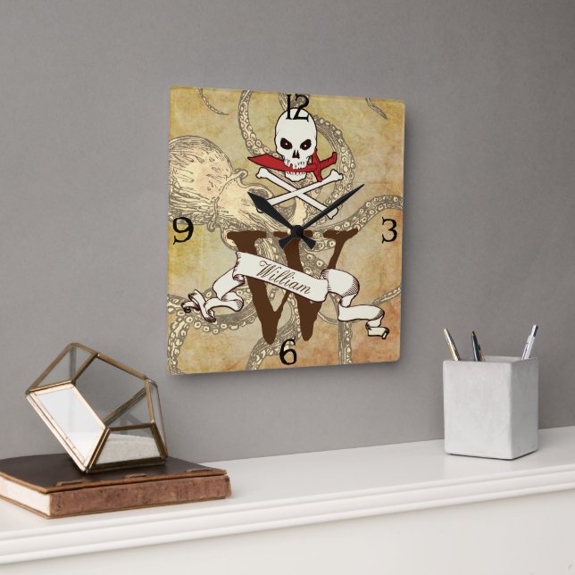 Jolly Roger Monogram Initial  Square Wall Clock (Office)