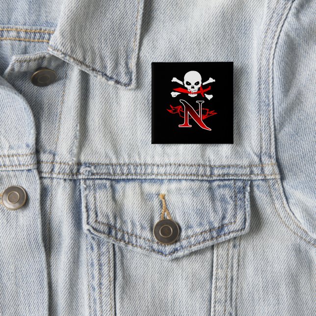 Jolly Roger N Monogram Initial 2 Inch Square Button (In Situ)
