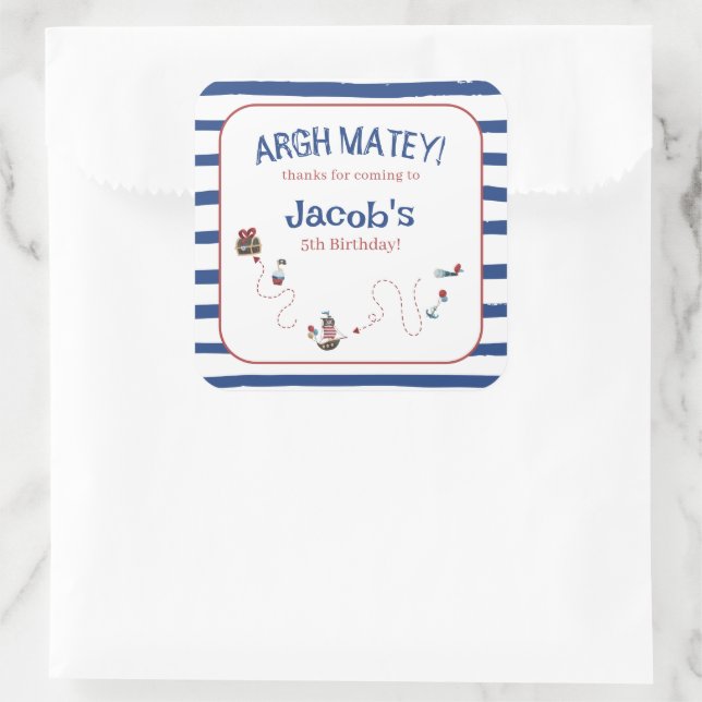 Jolly Roger Pirate Ahoy Matey Birthday Party  Square Sticker (Bag)