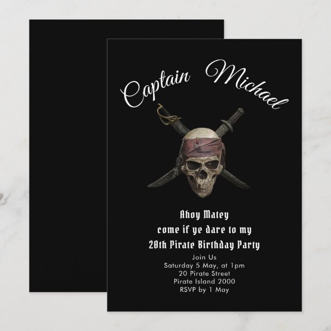 Jolly roger pirate anniversaire invitations (Devant / Derrière)
