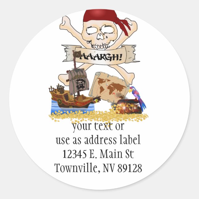 Jolly Roger, Pirate Ship & Pirate's Chest Classic Round Sticker (Front)