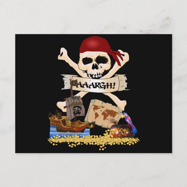 Jolly Roger, Pirate Ship & Pirate's Chest Postcard (Front)