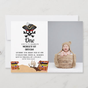 Jolly Roger Pirate Simple First Birthday photo Invitation