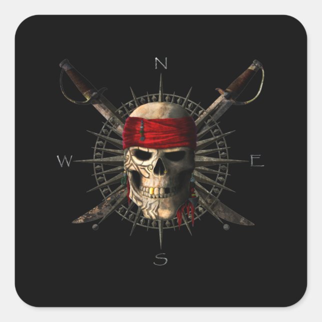 Jolly Roger Pirate Skull and Swords Pirate Compass Square Sticker (Front)