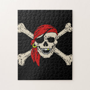 Jolly Roger Pirate Skull Bones Red Bandanna Jigsaw Puzzle