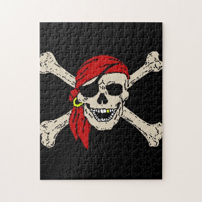 Jolly Roger Pirate Skull Bones Red Bandanna Jigsaw Puzzle (Vertical)