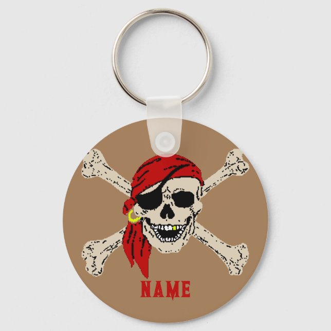 Jolly Roger Pirate Skull Bones Red Bandanna Keycha Keychain (Front)