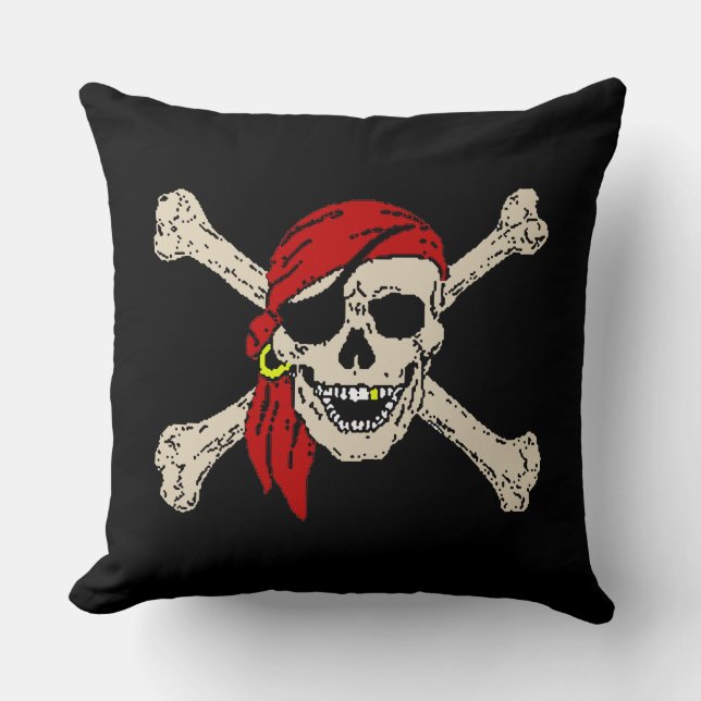 Jolly Roger Pirate Skull Bones Red Bandanna Larger Throw Pillow (Front)