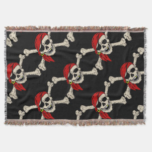 Jolly Roger Pirate Skull Bones Red Bandanna Throw Blanket