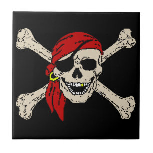 Jolly Roger Pirate Skull Bones Red Bandanna Tile
