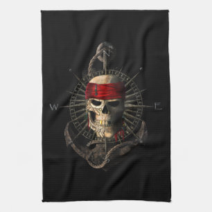 Jolly Roger Pirate Skull Sailing Compass Anchor Kitchen Towel