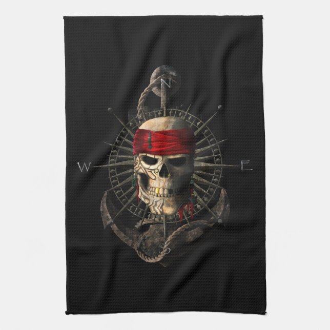Jolly Roger Pirate Skull Sailing Compass Anchor Kitchen Towel (Vertical)