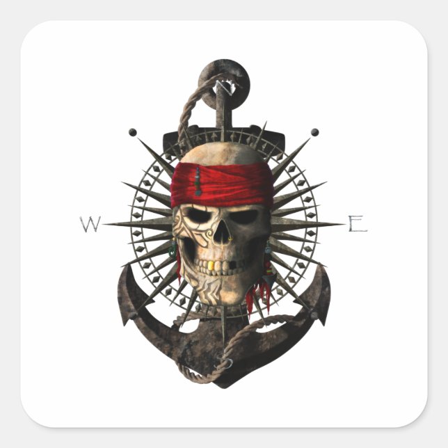 Jolly Roger Pirate Skull Sailing Compass Anchor Square Sticker (Front)