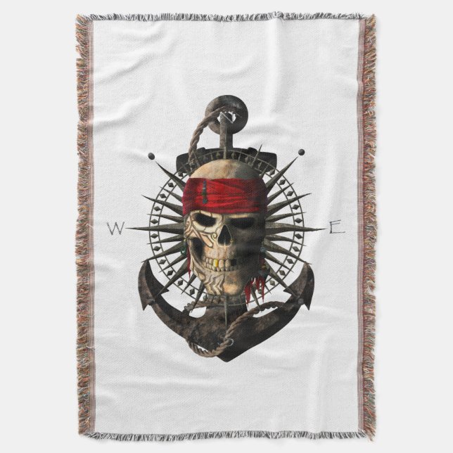 Jolly Roger Pirate Skull Sailing Compass Anchor Throw Blanket (Front Vertical)