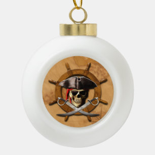 Jolly Roger Pirate Wheel Ceramic Ball Christmas Ornament