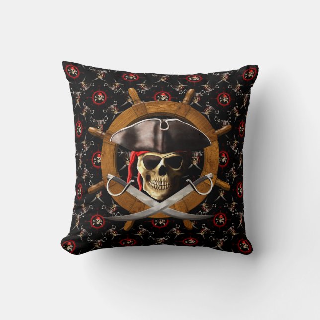 Jolly Roger Pirate Wheel Throw Pillow (Front)