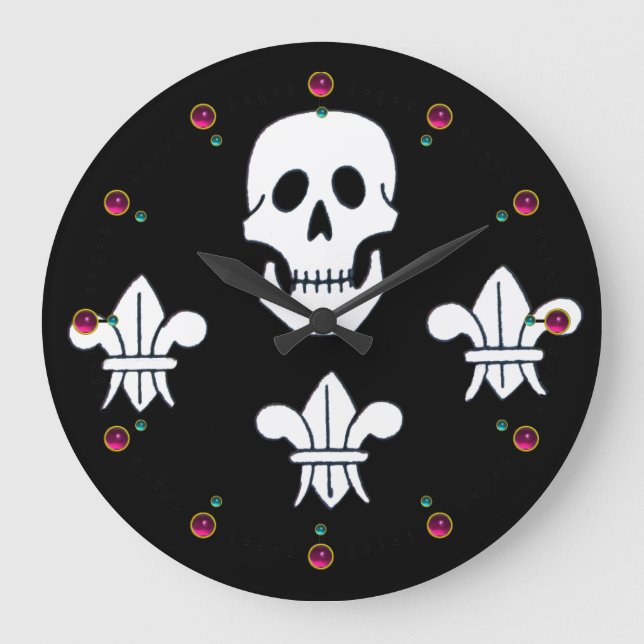 JOLLY ROGER SKULL AND THREE LILIES FLAG ,Amethyst Large Clock (Front)