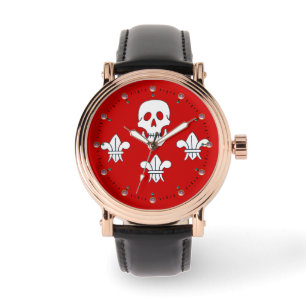 JOLLY ROGER SKULL AND THREE LILIES FLAG,Red Watch