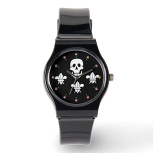 JOLLY ROGER SKULL AND THREE LILIES FLAG WATCH