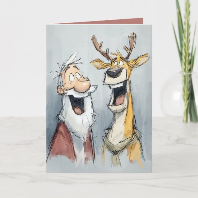 Jolly Santa and Reindeer Laugh Holiday Card (Front)