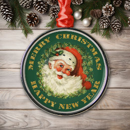 Jolly Santa and Wreath Metal Ornament