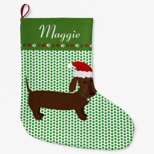 Jolly Santa Brown Dachshund Personalized Large Christmas Stocking (Front)