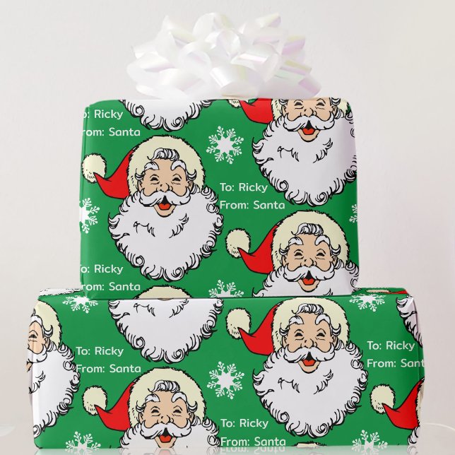 Jolly Santa Claus Add Child's Name Red & Green Wrapping Paper (Creator Uploaded)