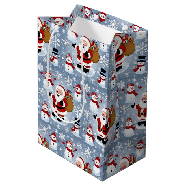 Jolly Santa Claus and Snowmen Christmas Pattern Medium Gift Bag (Back Angled)