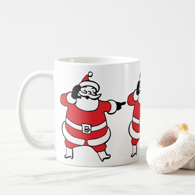 Jolly Santa Claus Calling Reindeer on Christmas Coffee Mug (With Donut)