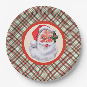 Jolly Santa Claus Christmas Plaid Party  Paper Plate
