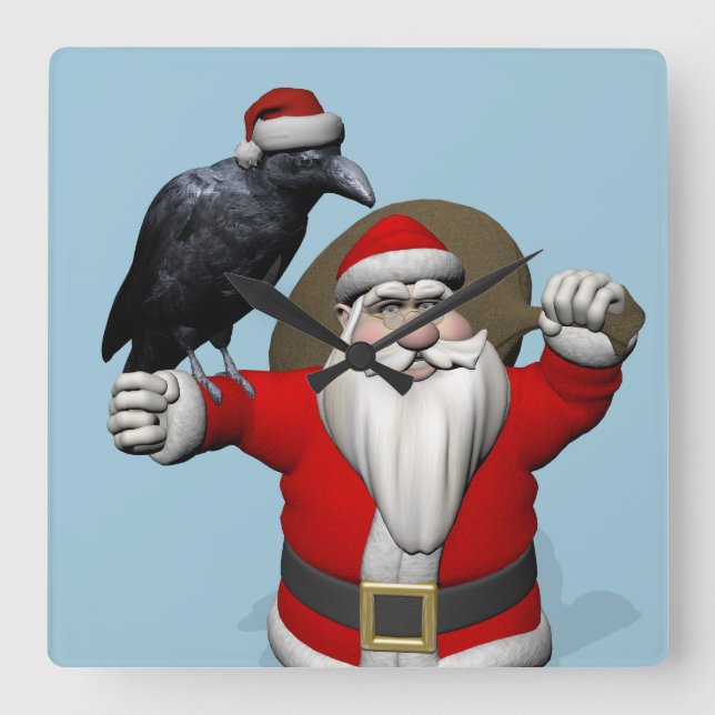 Jolly Santa Claus Loves Black Ravens Square Wall Clock (Front)