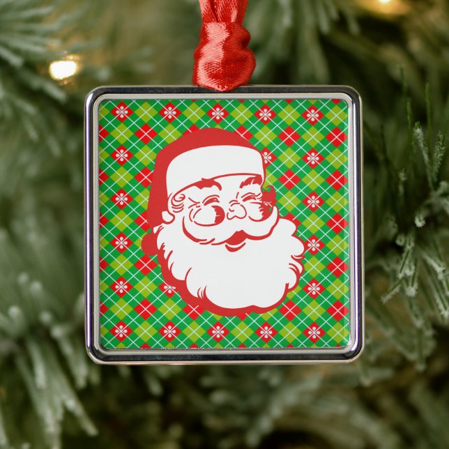 Jolly Santa Claus on Red and Green Plaid Metal Ornament (Tree)