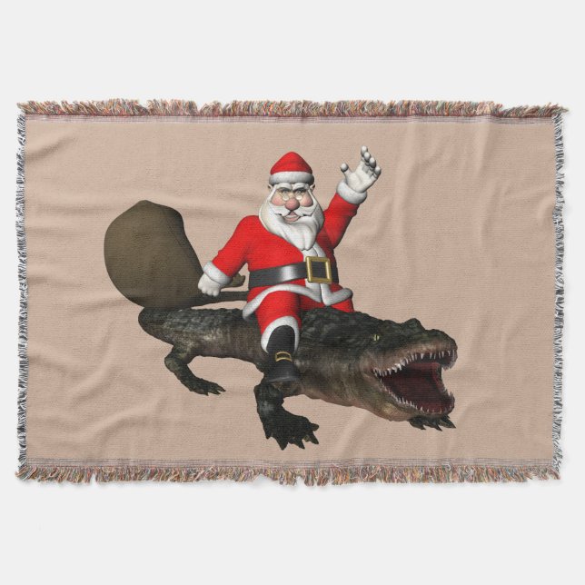 Jolly Santa Claus Riding An Alligator Throw Blanket (Front)