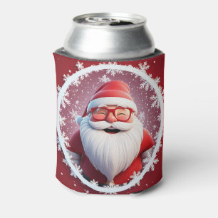 Jolly Santa Claus Surrounded by Snowflakes Can Cooler
