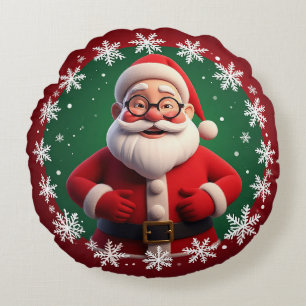 Jolly Santa Claus Surrounded by Snowflakes Round Pillow