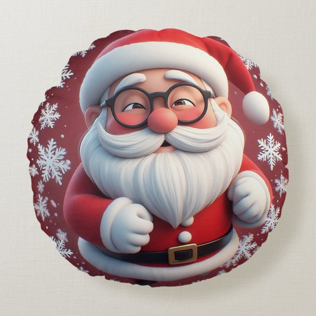 Jolly Santa Claus Surrounded by Snowflakes Round Pillow (Front)