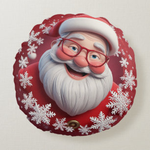 Jolly Santa Claus Surrounded by Snowflakes Round Pillow
