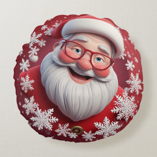 Jolly Santa Claus Surrounded by Snowflakes Round Pillow (Front)