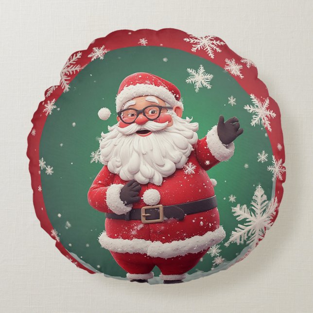 Jolly Santa Claus Surrounded by Snowflakes Round Pillow (Front)