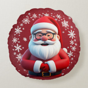 Jolly Santa Claus Surrounded by Snowflakes Round Pillow