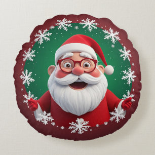 Jolly Santa Claus Surrounded by Snowflakes Round Pillow