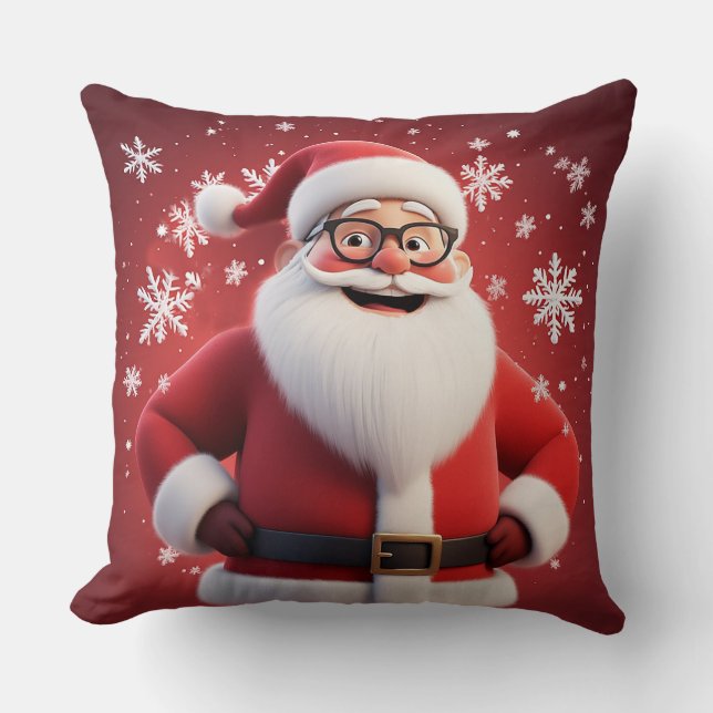 Jolly Santa Claus Surrounded by Snowflakes Throw Pillow (Front)