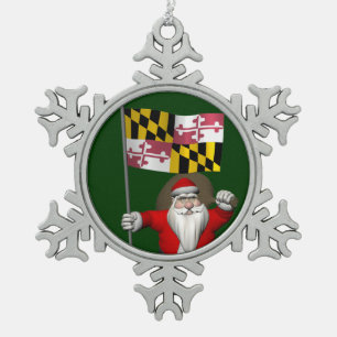 Jolly Santa Claus Visiting Maryland Snowflake Pewter Christmas Ornament