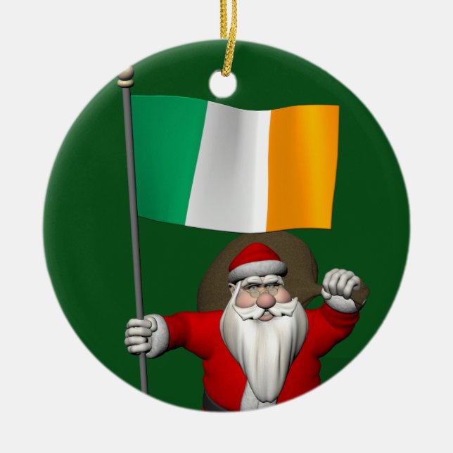 Jolly Santa Claus With Ensign Of Ireland Ceramic Ornament (Front)