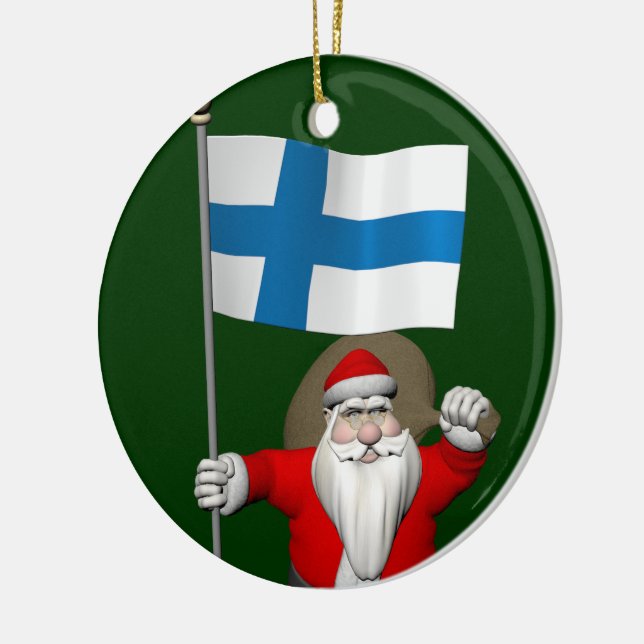 Jolly Santa Claus With Flag Of Finland Ceramic Ornament (Left)