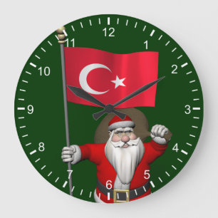 Jolly Santa Claus With Flag Of Turkey Large Clock
