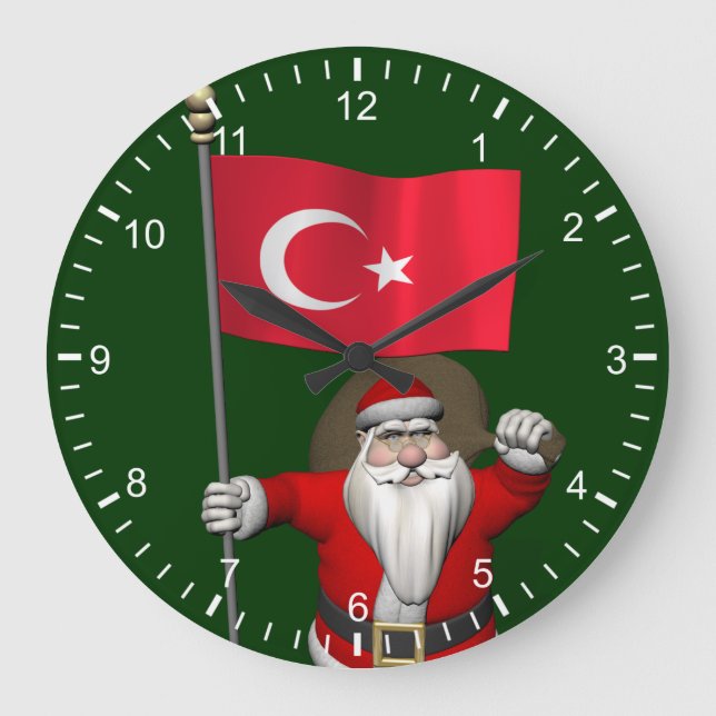 Jolly Santa Claus With Flag Of Turkey Large Clock (Front)
